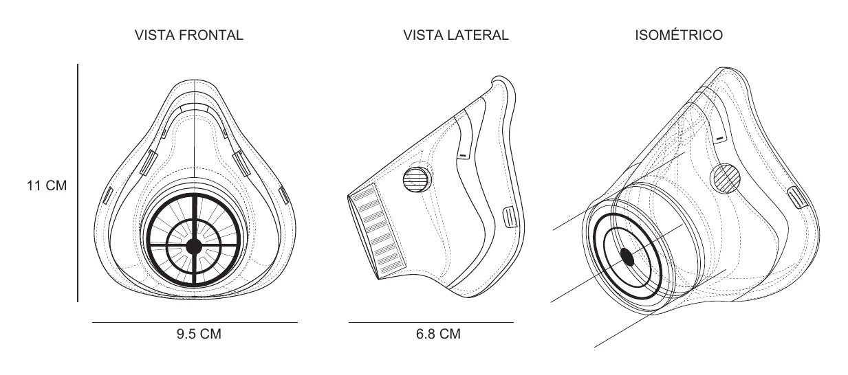 Respirator dimensions: 11 cm high, 9.5 cm wide and 6.8 cm deep
