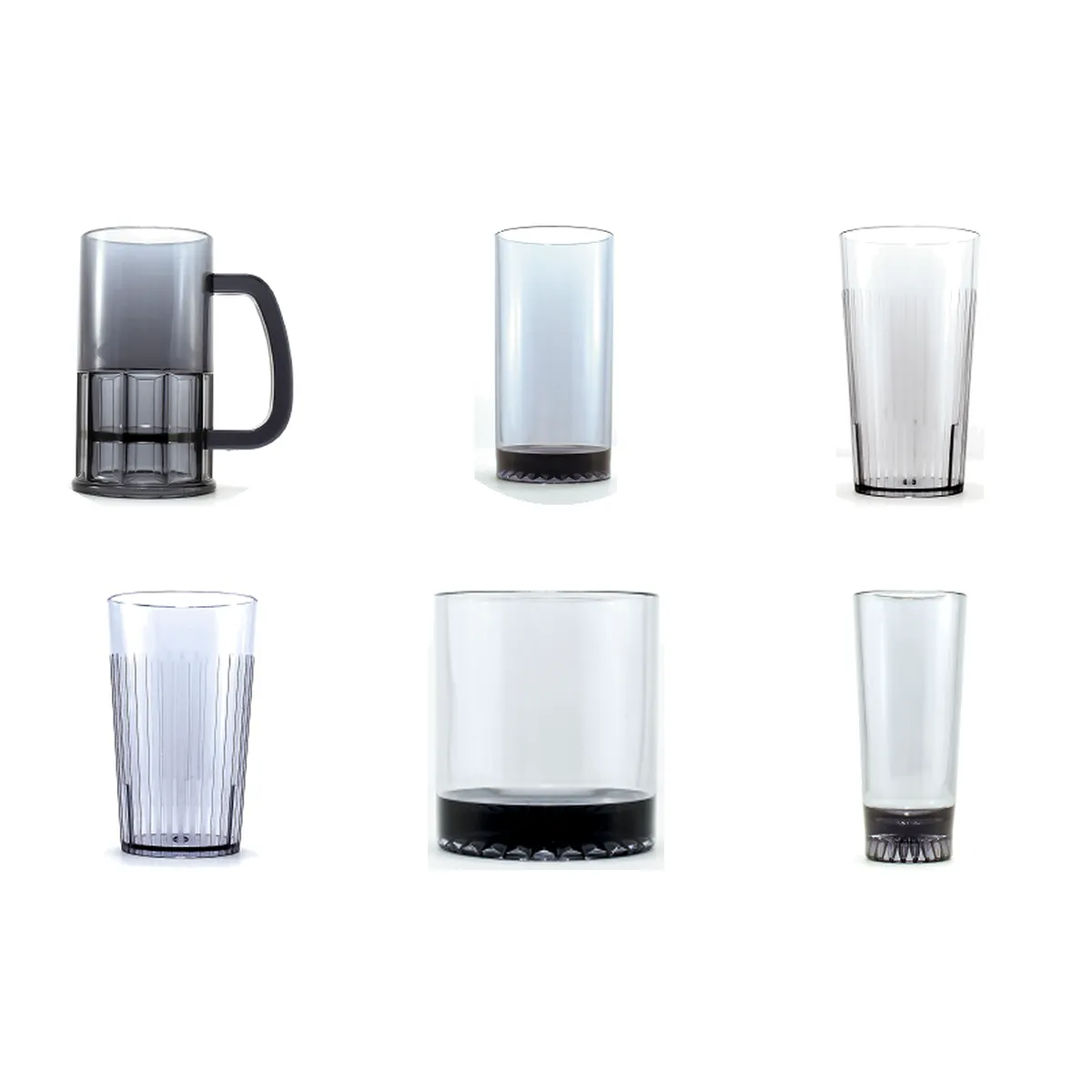 Smoke PET drinkware line: beer mug, highball, hotel tumbler, short hotel tumbler, old fashioned and tequila glass