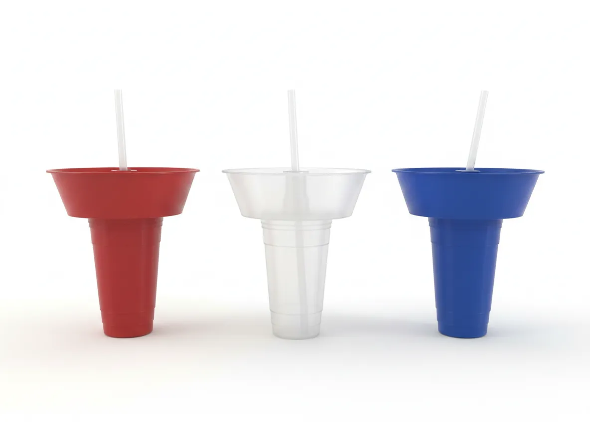 Vaso Botanero en tres colores: rojo, transparente y azul, con botanero acoplado y popote